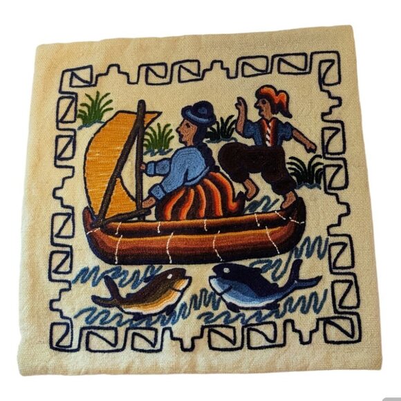 Vintage Embroidered Throw Pillow Case Boho Ecuador Wool Boat Fish Motif - Picture 1 of 4